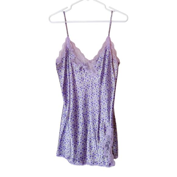Vtg Y2K Victoria's Secret Purple Ditsy Floral Satin Cami Slip Dress Large Fairy - Picture 1 of 10